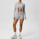 New cross-border solid color nude-feel brushed long-sleeve jacket tight-fitting three-piece sports running fitness yoga outfit set