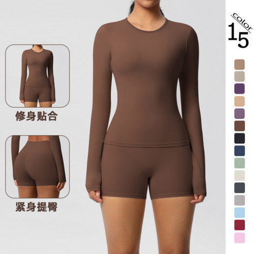 New cross-border solid color double-sided brushed tight-fitting long yoga outfit set, sports running fitness two-piece set for women