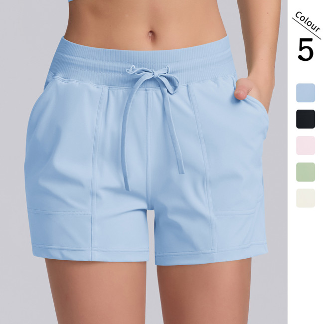New solid color drawstring pocket yoga training tight yoga shorts, high elasticity sports running fitness three-quarter pants for women
