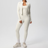 Cross-border European and American solid color brushed fabric breathable strap yoga outfit set, three-piece running and fitness sportswear for women