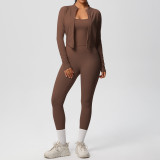 Cross-border European and American solid color brushed fabric breathable strap yoga outfit set, three-piece running and fitness sportswear for women