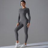 New solid color double-sided brushed high-elastic high-waisted tight-fitting butt-lifting training yoga outfit set for women, suitable for running and fitness