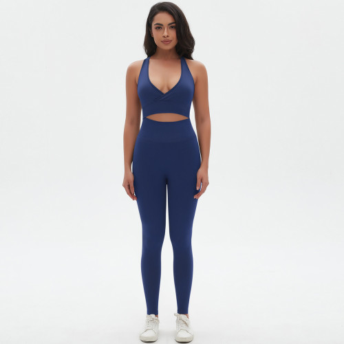 New cross-border seamless solid color tight-fitting sexy cross-back yoga outfit set for running and fitness, two-piece set