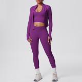 Cross-border seamless solid color tight-fitting breathable high-elasticity yoga outfit set for sports, running, and fitness, three-piece yoga set