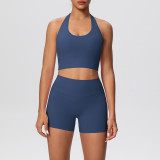 New cross-border solid color double-sided brushed tight-fitting halter neck shorts yoga outfit set for sports, running, and fitness two-piece set