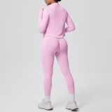 Cross-border seamless solid color tight-fitting breathable high-elasticity yoga outfit set for sports, running, and fitness, three-piece yoga set