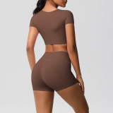 In-stock cross-border solid color double-sided brushed yoga outfit with chest support, running sports fitness short two-piece set for women