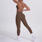 Cross-border double-sided nylon tight-fitting cross-back sports yoga outfit with pockets, two-piece set for running and fitness