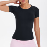 Cross-border European and American seamless knitted solid color breathable tight-fitting short-sleeve T-shirt for sports, running, fitness, and yoga for women