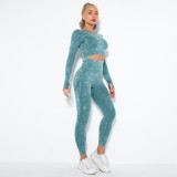New European and American seamless washable smiley face yoga set, sports fitness long-sleeve top and butt-lifting yoga pants two-piece set