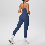 Cross-border solid color brushed fabric backless tight-fitting halter neck pocket yoga outfit set for sports, running, and fitness two-piece set