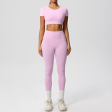 New cross-border European and American solid color double-sided brushed breathable tight-fitting yoga outfit set for sports, running, and fitness, eight-piece set