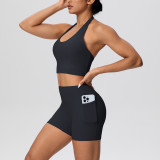 New cross-border solid color brushed fabric halter neck tank top and pocket pants yoga outfit set, sports fitness shorts two-piece set for women