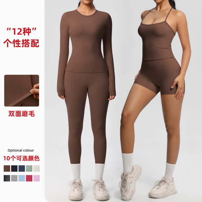 New cross-border European and American solid color double-sided brushed breathable tight-fitting yoga outfit set for sports, running, and fitness, eight-piece set