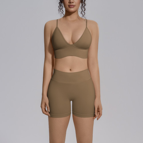 Cross-border seamless solid color backless tight-fitting breathable short high-elastic yoga outfit set for sports, running, and fitness