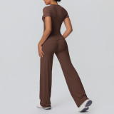Cross-border double-sided brushed solid color tight-fitting training long-sleeve wide-leg yoga outfit set for sports, running, and fitness two-piece set