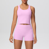 New cross-border double-sided brushed solid color breathable tank top and shorts yoga outfit set for sports, running, and fitness two-piece set