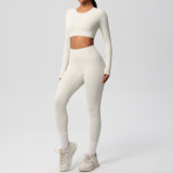 In-stock cross-border solid color double-sided nylon brushed nude-feel tight-fitting sports yoga outfit set for running and fitness two-piece set