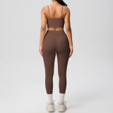 New cross-border double-sided brushed solid color backless tight-fitting breathable yoga outfit set for sports, running, and fitness two-piece set