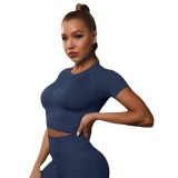 Summer New European and American Seamless Tight-Fitting Ruched T-Shirt Yoga Top for Women, High-Elastic Running Sports Fitness Short Sleeve