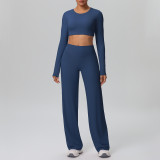 New cross-border solid color double-sided brushed nude-feel tight-fitting wide-leg sports yoga outfit set for running and fitness two-piece set