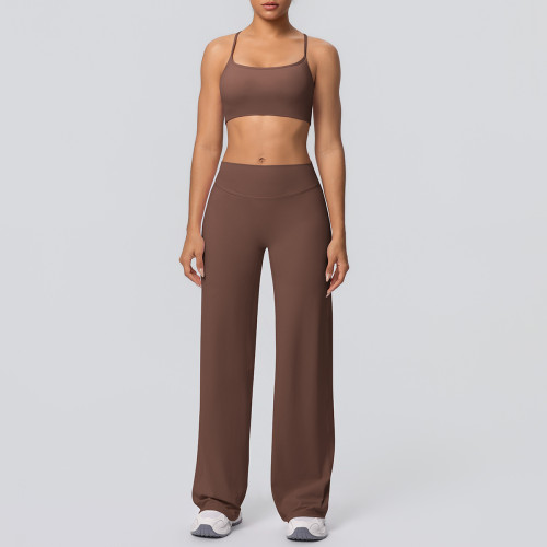 New cross-border brushed fabric sports bra with beautiful back design, breathable long wide-leg yoga outfit set, two-piece running and fitness set