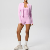 New cross-border solid color brushed fabric breathable strap yoga outfit set, three-piece running and fitness sportswear for women