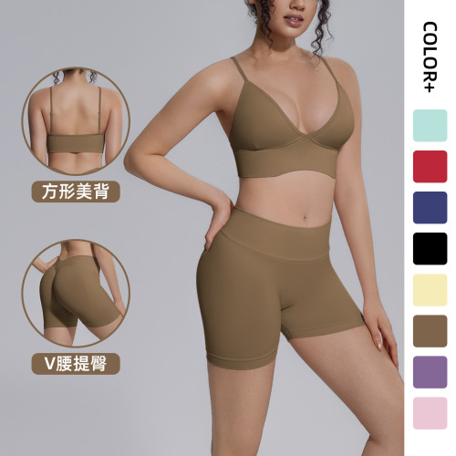 Cross-border seamless solid color backless tight-fitting breathable short high-elastic yoga outfit set for sports, running, and fitness