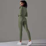 Cross-border European and American seamless knitted solid color polka dot high-elastic tight-fitting breathable yoga outfit set for running and fitness two-piece set