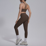 Cross-border double-sided nylon solid color cross-back tight-fitting nude-feel sportswear set for running, fitness, and yoga