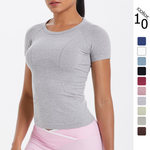 Cross-border European and American seamless knitted solid color breathable tight-fitting short-sleeve T-shirt for sports, running, fitness, and yoga for women