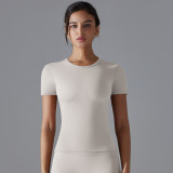 New solid color double-sided brushed high-elastic tight-fitting breathable yoga shirt with short sleeves for sports, running, and fitness