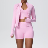 Cross-border seamless solid color high-elastic tight-fitting breathable short jacket yoga outfit sports running fitness three-piece set