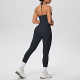 Cross-border solid color brushed fabric backless tight-fitting halter neck pocket yoga outfit set for sports, running, and fitness two-piece set