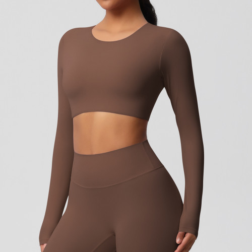 In-stock cross-border double-sided brushed fabric tight-fitting long-sleeve yoga top with chest pads for women, suitable for Pilates and running