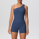 Cross-border double-sided brushed fabric seamless tight-fitting one-shoulder tank top and shorts sports set for running, fitness, and yoga two-piece outfit