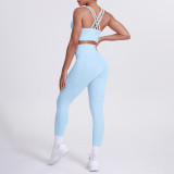 European and American cross-border seamless brushed fabric cross-back sports bra and butt-lifting pocket leggings two-piece fitness yoga outfit