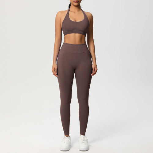 Cross-border seamless solid color halter neck sports bra yoga outfit set, tight-fitting running and fitness two-piece set