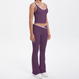 Cross-border double-sided brushed fabric color-blocked tight-fitting breathable cross-over wide-leg yoga outfit set for sports, running, and fitness two-piece set