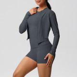 European and American cross-border cloud-feel brushed long-sleeve sports zip-up jacket, running butt-lifting fitness yoga three-piece set for women