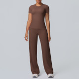 Cross-border double-sided brushed solid color tight-fitting training long-sleeve wide-leg yoga outfit set for sports, running, and fitness two-piece set