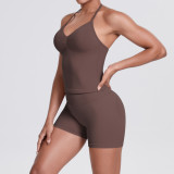 Cross-border seamless knitted solid color backless tank top and shorts yoga outfit set, tight-fitting running and fitness two-piece set