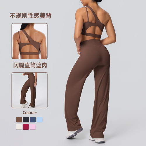 Cross-border European and American double-sided nylon brushed one-shoulder yoga outfit set for women, suitable for sports, running, and fitness, with wide-leg two-piece design