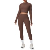 In-stock cross-border solid color brushed fabric nude-feel short jacket set with tight-fitting pockets for running, fitness, and yoga, two-piece set