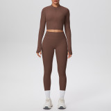 In-stock cross-border solid color brushed fabric nude-feel short jacket set with tight-fitting pockets for running, fitness, and yoga, two-piece set