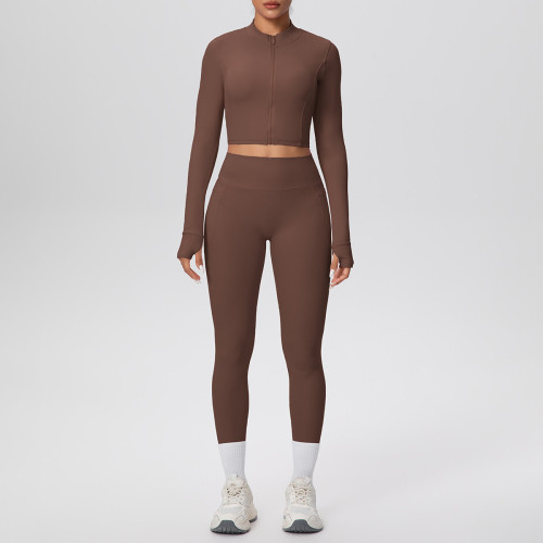 In-stock cross-border solid color brushed fabric nude-feel short jacket set with tight-fitting pockets for running, fitness, and yoga, two-piece set