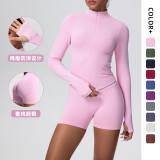 New cross-border seamless solid color tight-fitting high-elastic breathable zippered sports suit two-piece set for running, fitness, and yoga