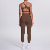 Cross-border European and American double-sided nylon brushed one-shoulder yoga outfit set, sports running fitness long pants two-piece set for women