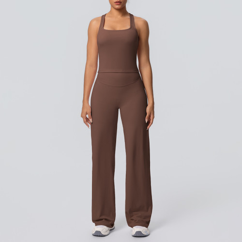 Cross-border European and American brushed solid color tight-fitting racerback sports suit for running, fitness, and yoga, wide-leg two-piece set