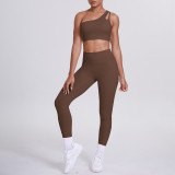 Cross-border European and American double-sided nylon brushed one-shoulder yoga outfit set, sports running fitness long pants two-piece set for women